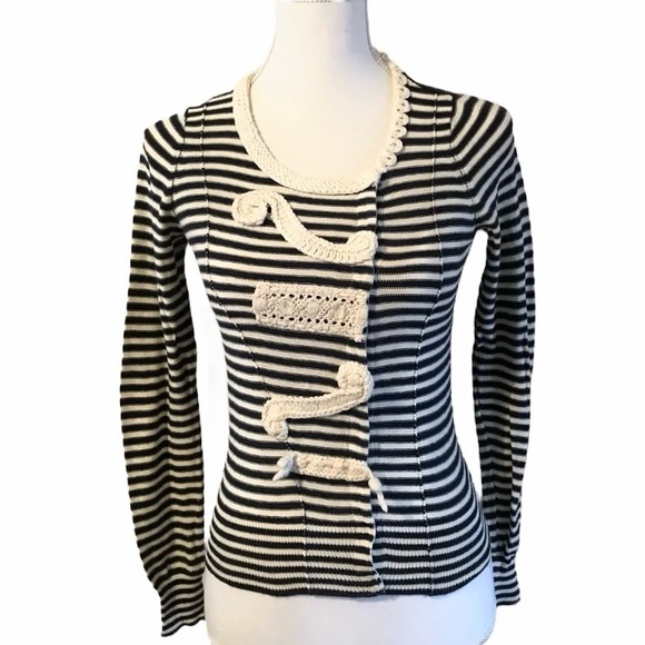 Anthro Sparrow Navy Striped Crochet Knit Detail Snap Cardigan Sweater - Picture 6 of 11